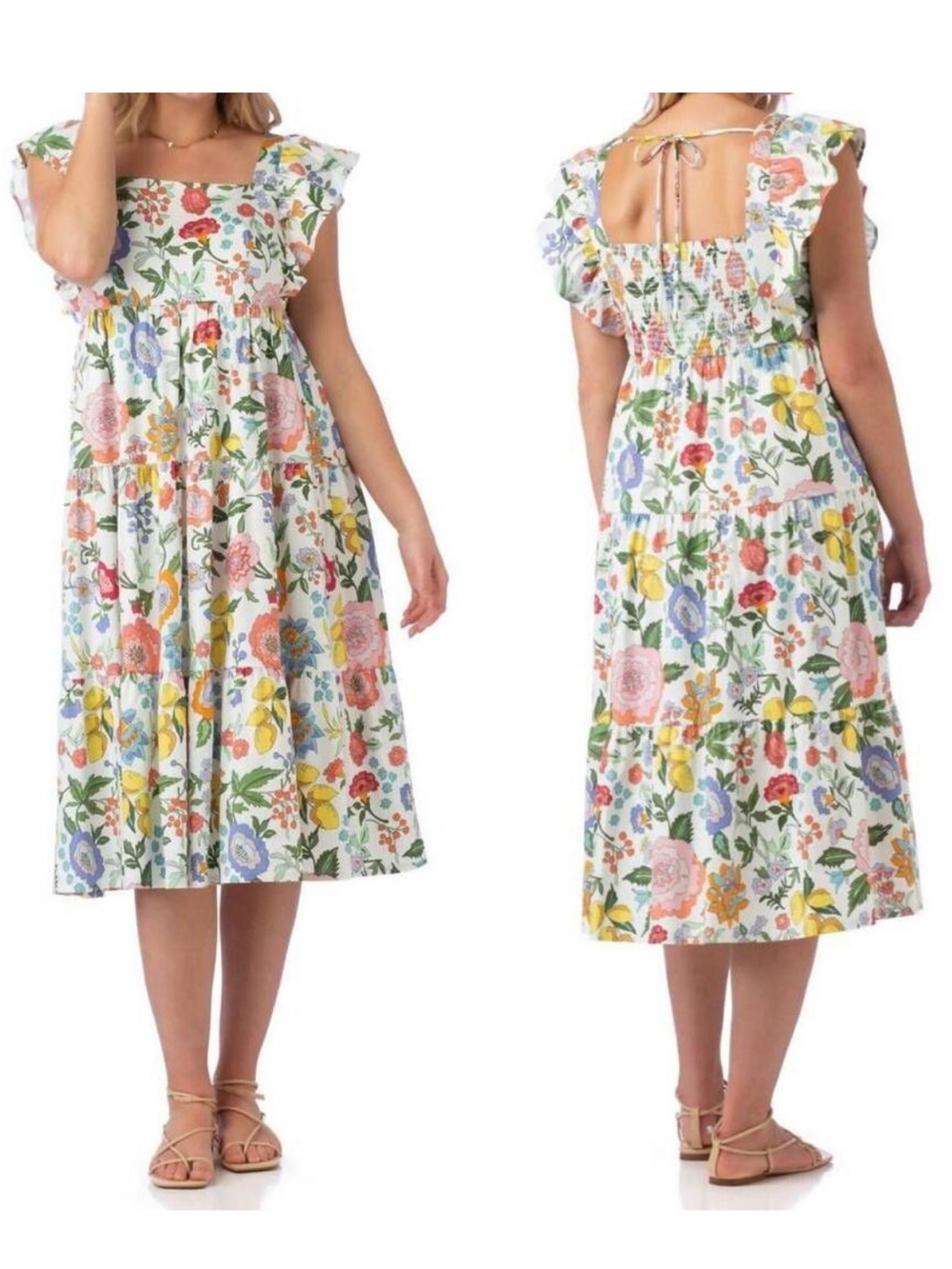 CROSBY By Millie Burch Large Eloise Lemon Verbena Tiered Midi Dress Orig $298